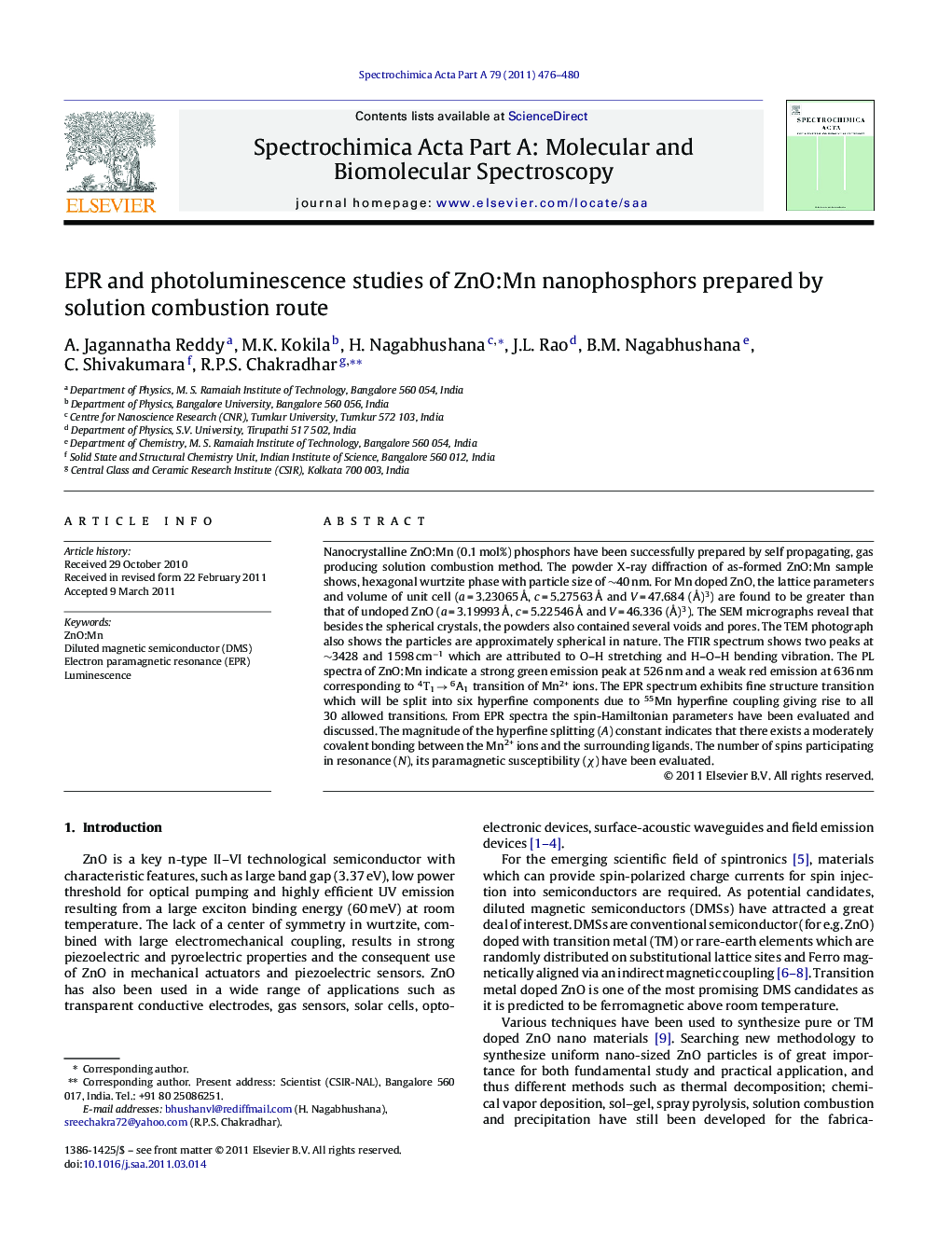 EPR and photoluminescence studies of ZnO:Mn nanophosphors prepared by solution combustion route