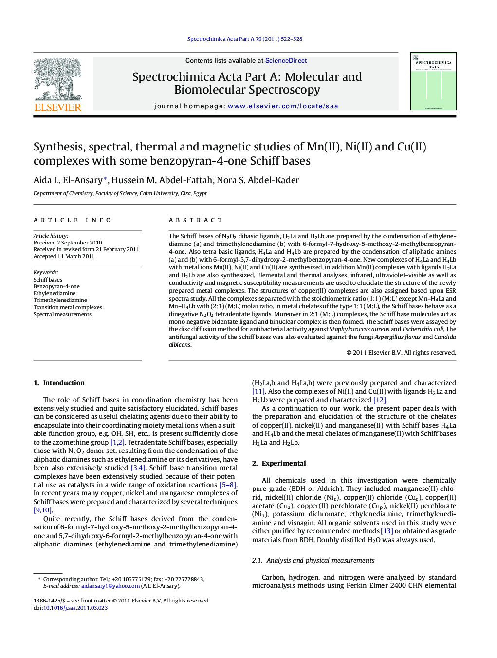 Synthesis, spectral, thermal and magnetic studies of Mn(II), Ni(II) and Cu(II) complexes with some benzopyran-4-one Schiff bases