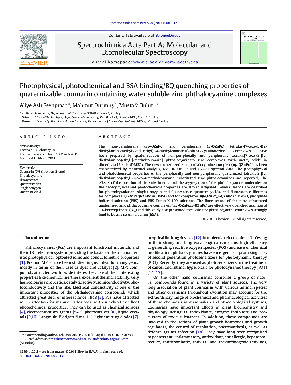 Photophysical, photochemical and BSA binding/BQ quenching properties of quaternizable coumarin containing water soluble zinc phthalocyanine complexes