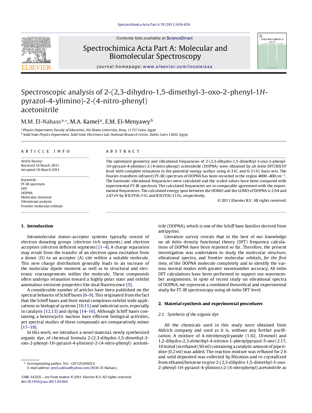 Spectroscopic analysis of 2-(2,3-dihydro-1,5-dimethyl-3-oxo-2-phenyl-1H-pyrazol-4-ylimino)-2-(4-nitro-phenyl) acetonitrile