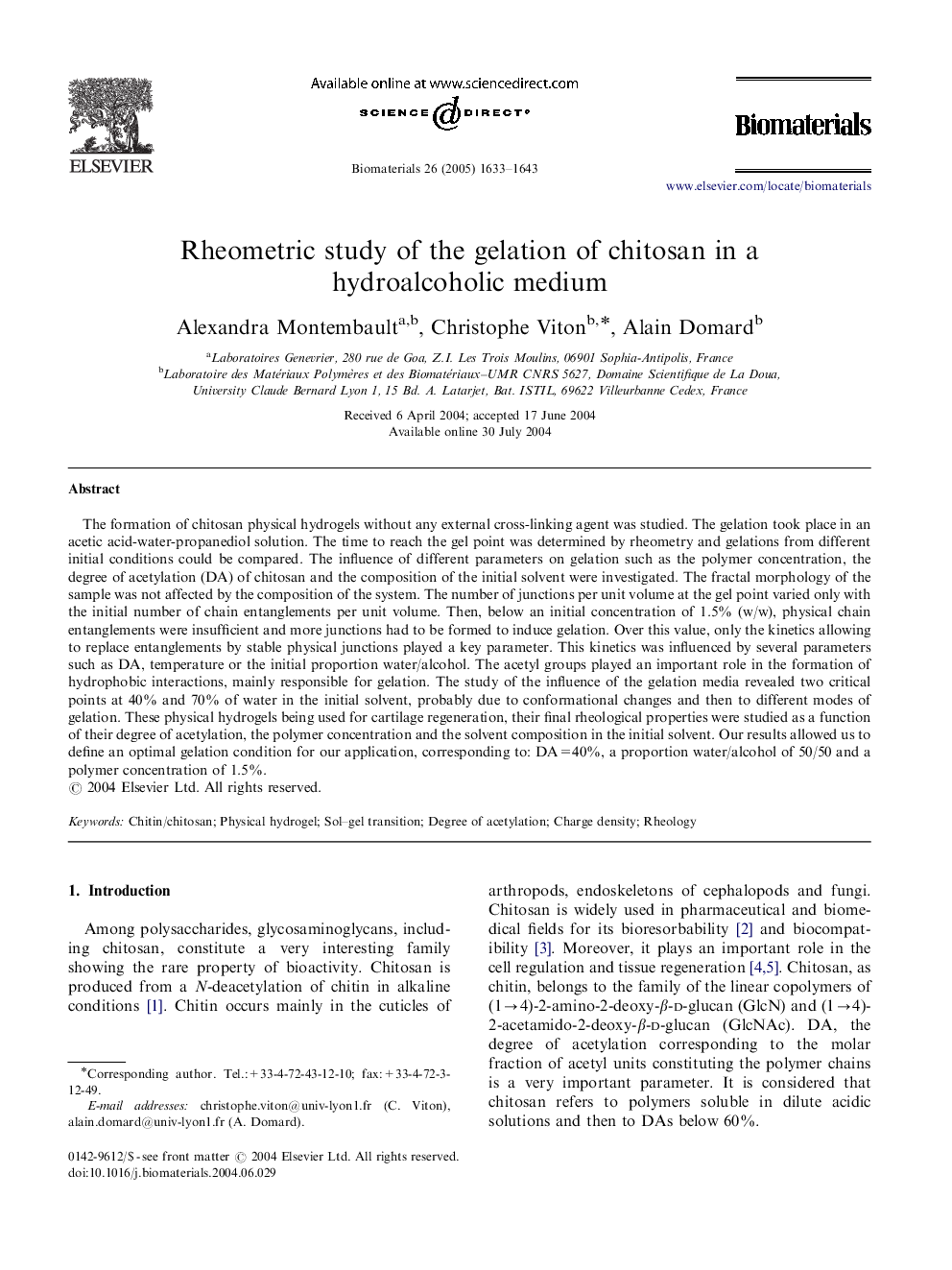 Rheometric study of the gelation of chitosan in a hydroalcoholic medium