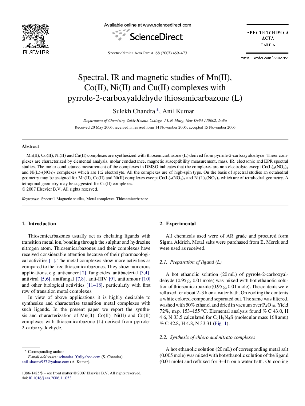 Spectral, IR and magnetic studies of Mn(II), Co(II), Ni(II) and Cu(II) complexes with pyrrole-2-carboxyaldehyde thiosemicarbazone (L)