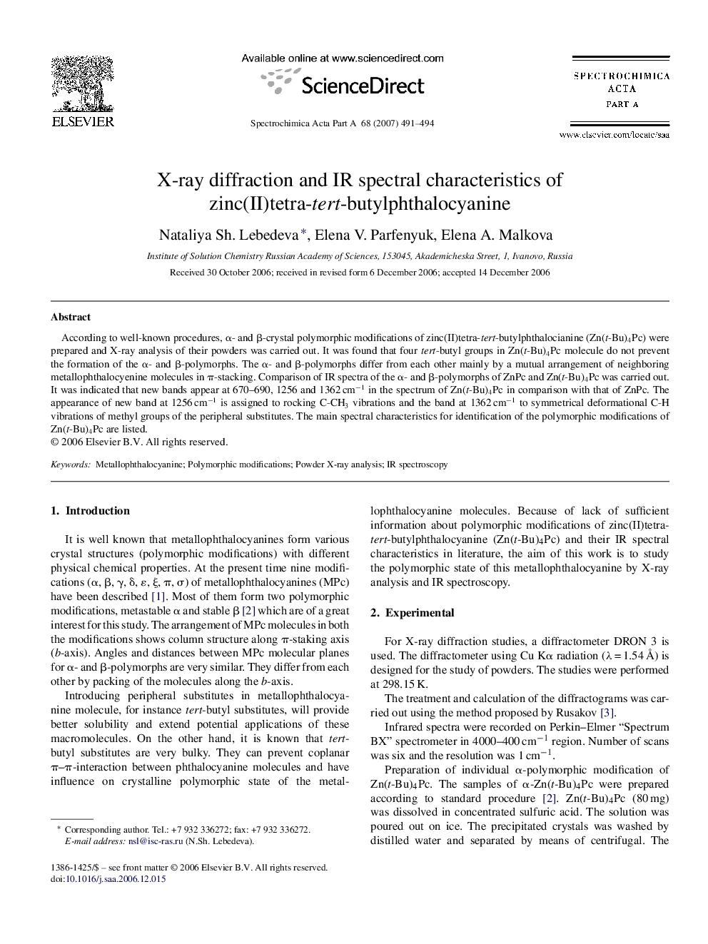 X-ray diffraction and IR spectral characteristics of zinc(II)tetra-tert-butylphthalocyanine