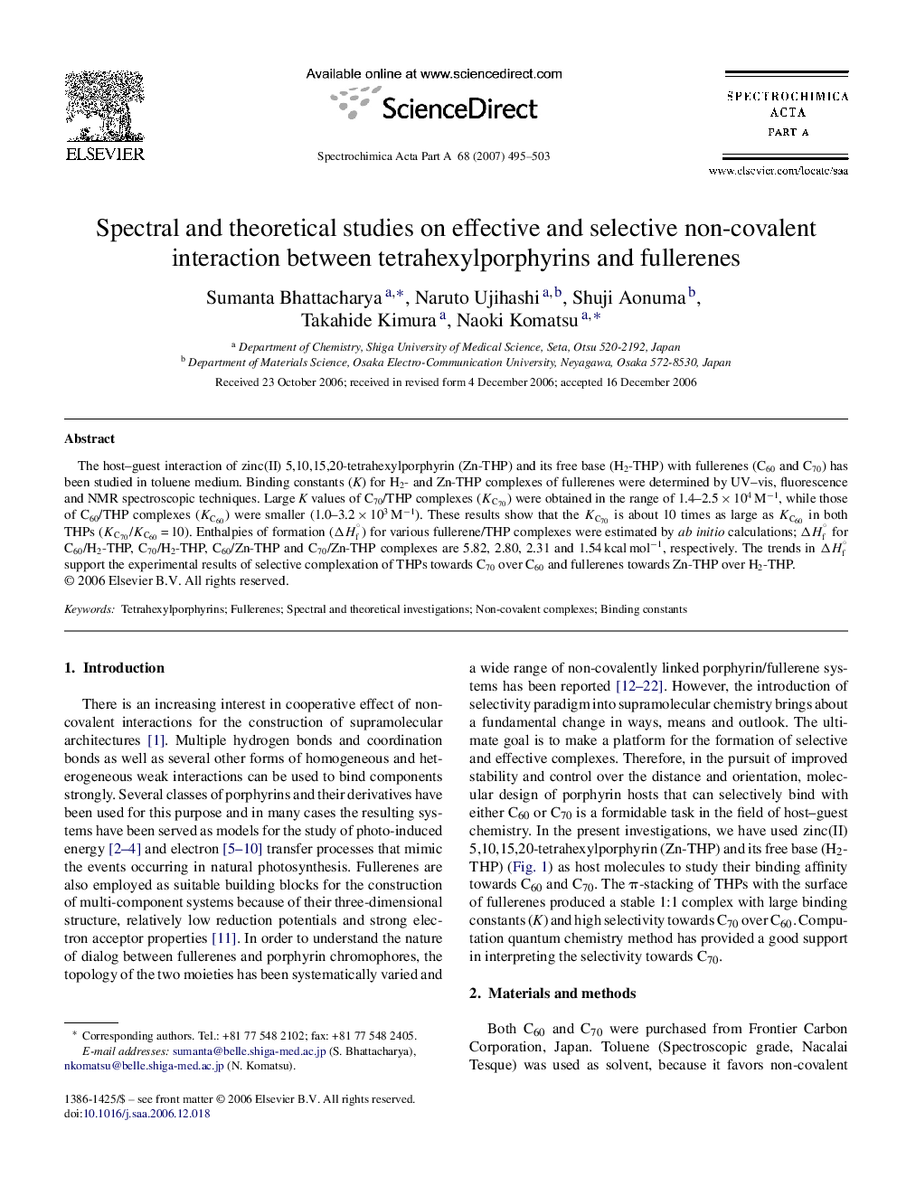 Spectral and theoretical studies on effective and selective non-covalent interaction between tetrahexylporphyrins and fullerenes