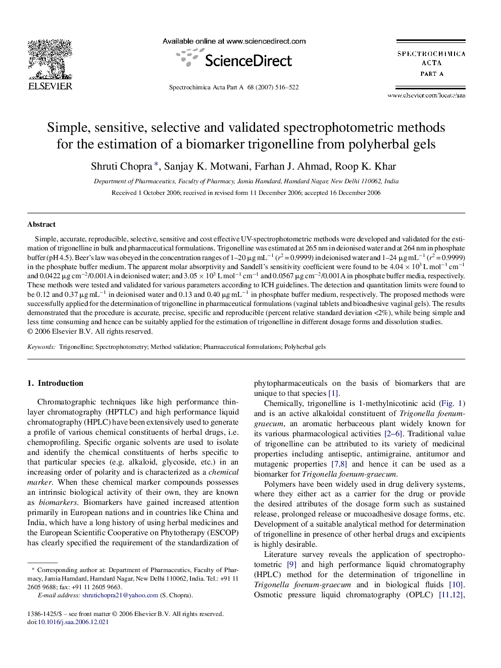 Simple, sensitive, selective and validated spectrophotometric methods for the estimation of a biomarker trigonelline from polyherbal gels