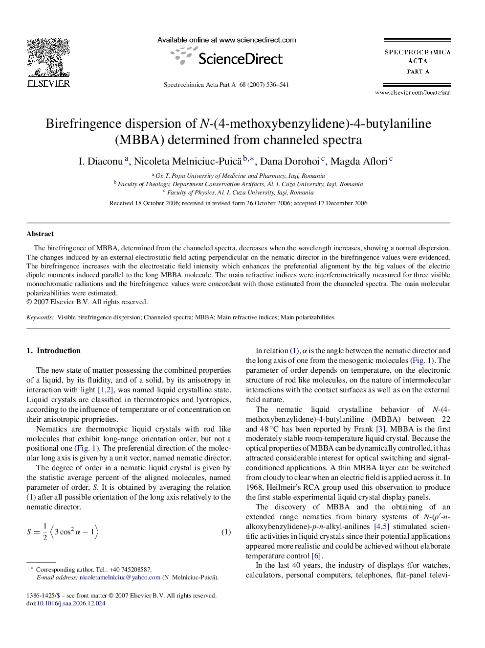 Birefringence dispersion of N-(4-methoxybenzylidene)-4-butylaniline (MBBA) determined from channeled spectra