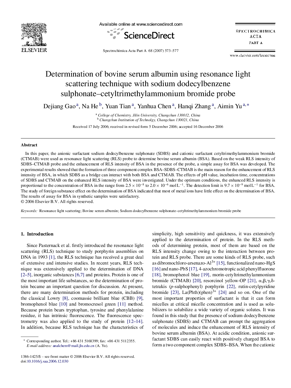 Determination of bovine serum albumin using resonance light scattering technique with sodium dodecylbenzene sulphonate-cetyltrimethylammonium bromide probe