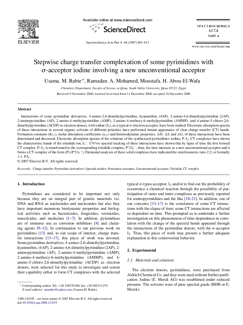 Stepwise charge transfer complexation of some pyrimidines with σ-acceptor iodine involving a new unconventional acceptor