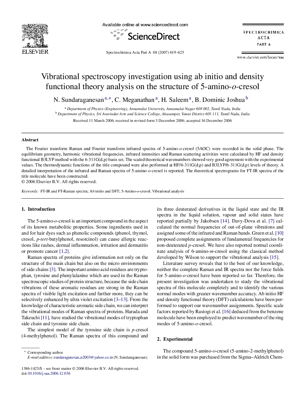 Vibrational spectroscopy investigation using ab initio and density functional theory analysis on the structure of 5-amino-o-cresol