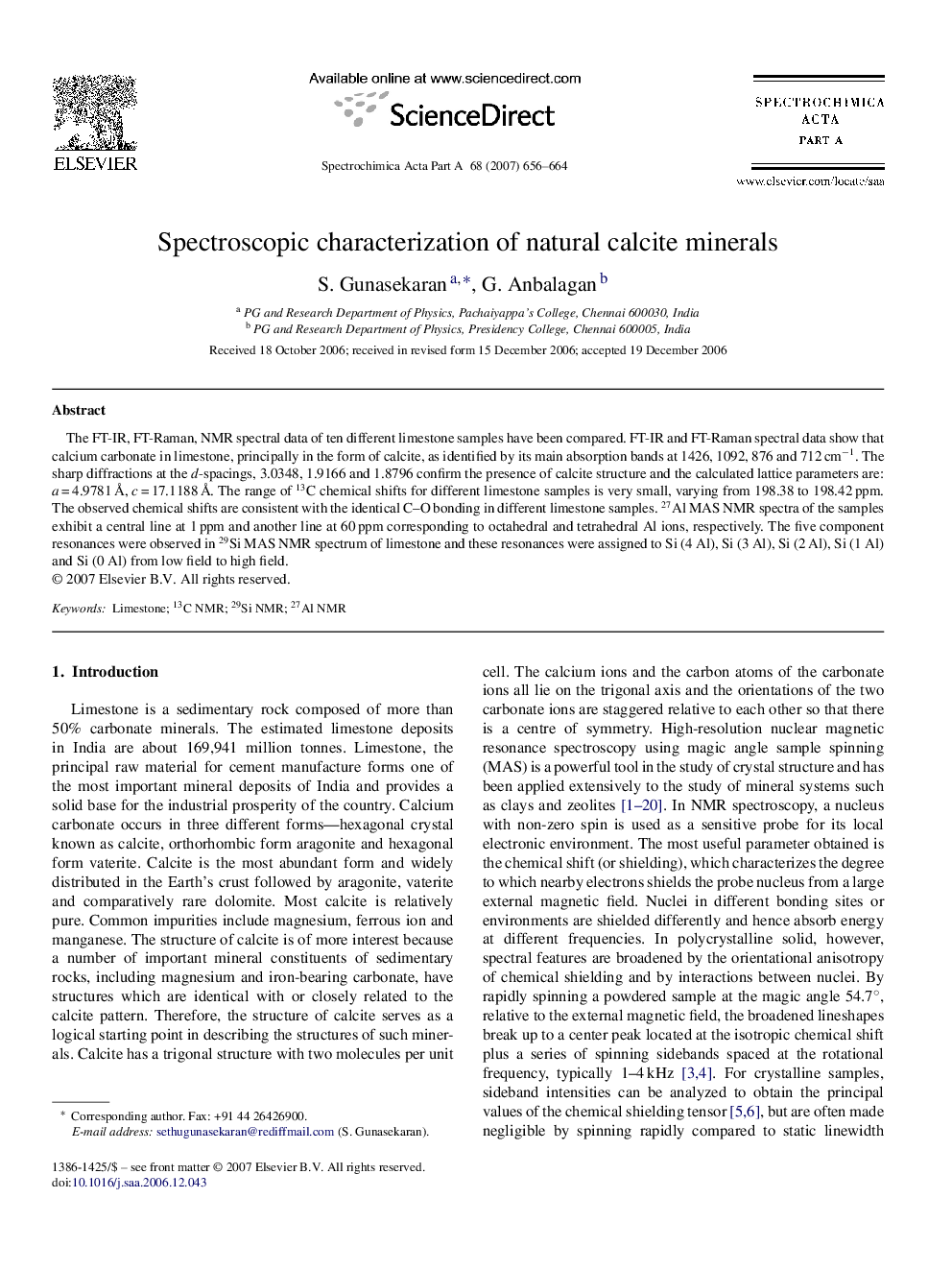 Spectroscopic characterization of natural calcite minerals