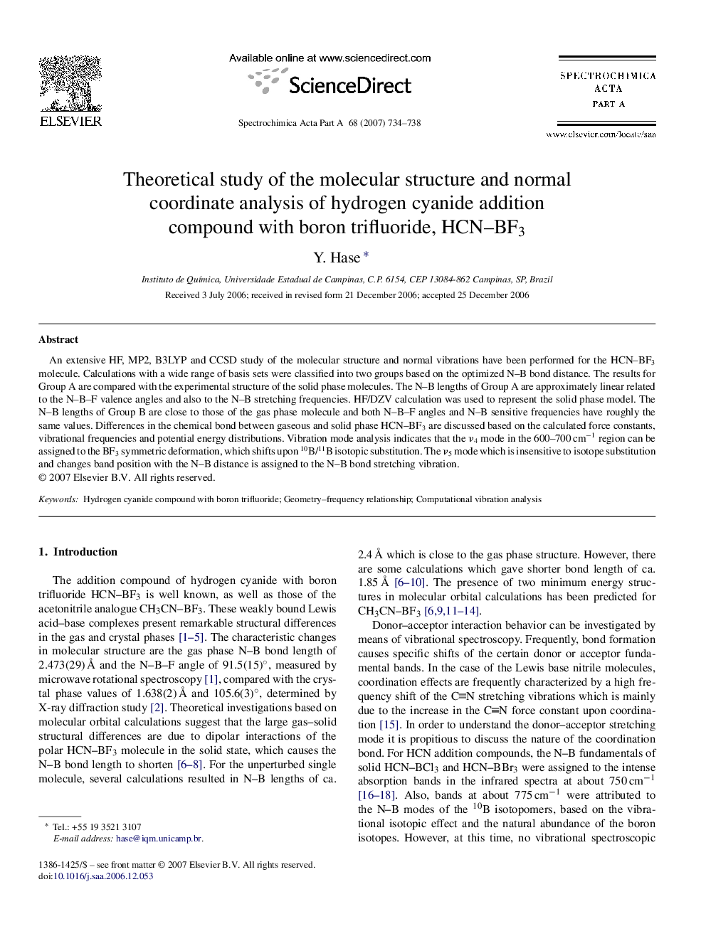 Theoretical study of the molecular structure and normal coordinate analysis of hydrogen cyanide addition compound with boron trifluoride, HCN-BF3