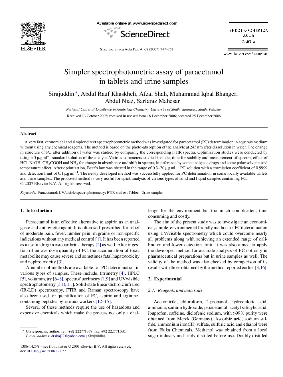 Simpler spectrophotometric assay of paracetamol in tablets and urine samples