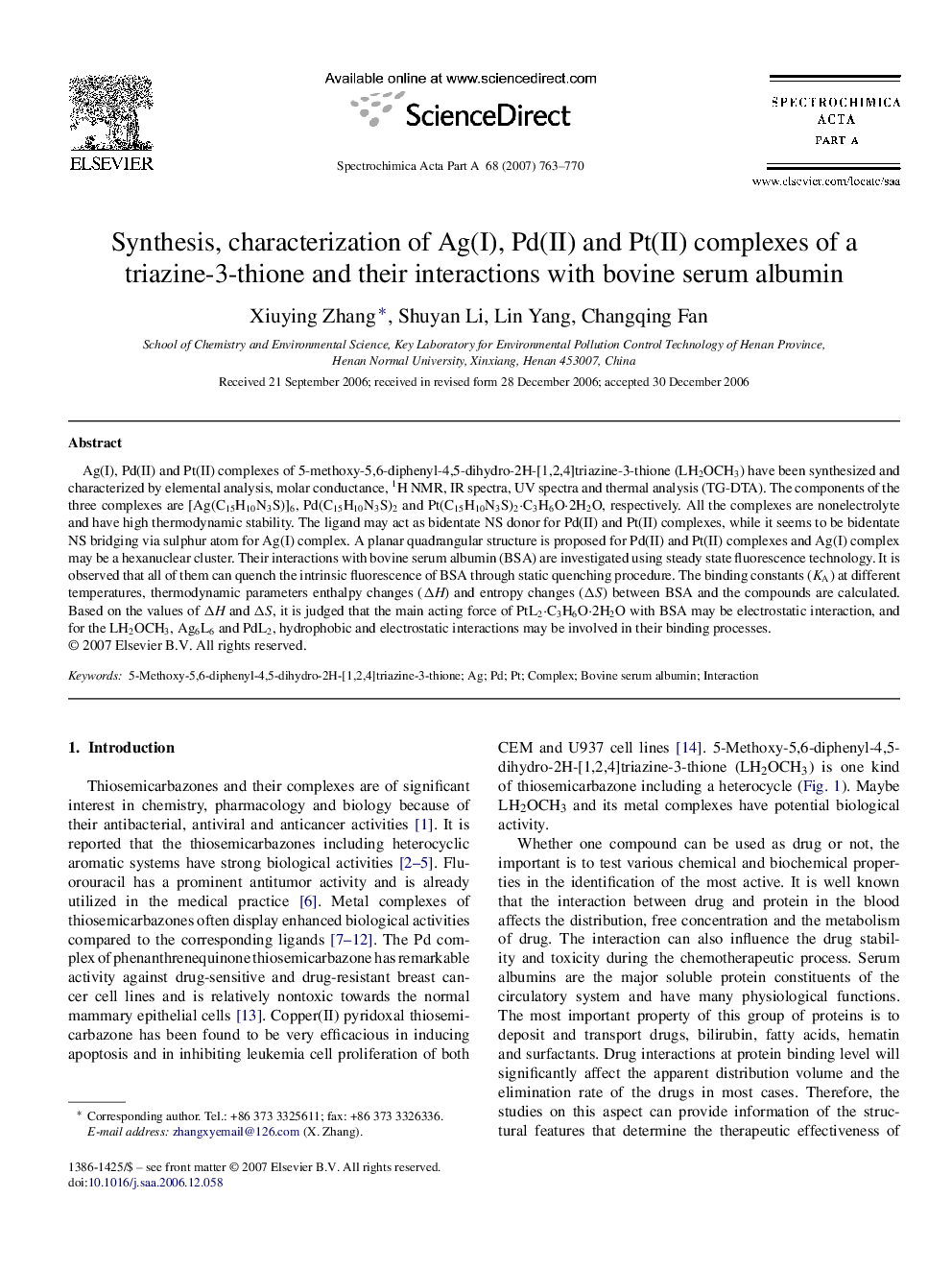 Synthesis, characterization of Ag(I), Pd(II) and Pt(II) complexes of a triazine-3-thione and their interactions with bovine serum albumin