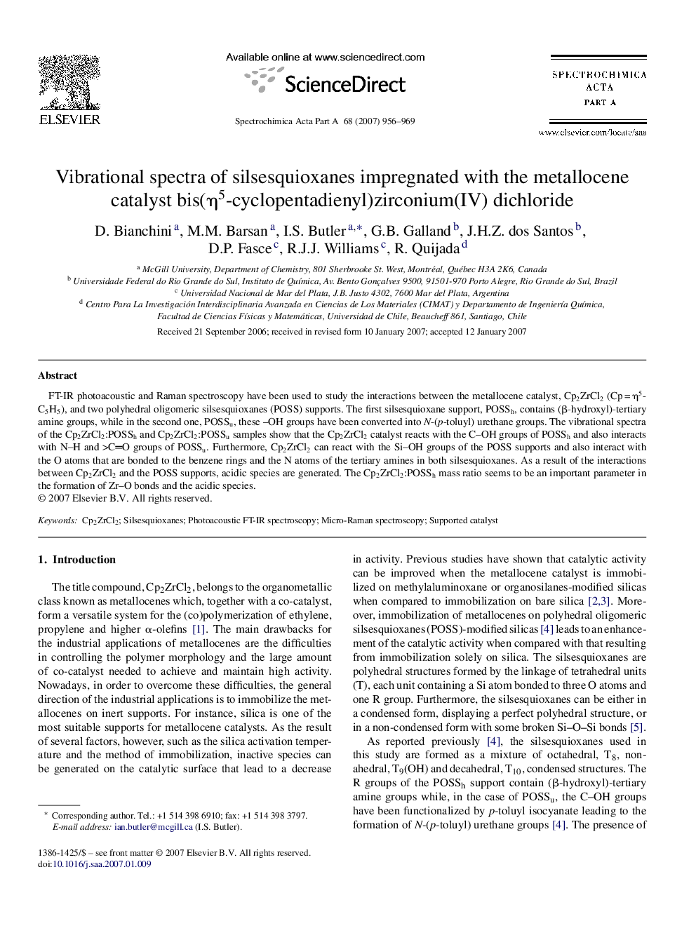 Vibrational spectra of silsesquioxanes impregnated with the metallocene catalyst bis(η5-cyclopentadienyl)zirconium(IV) dichloride