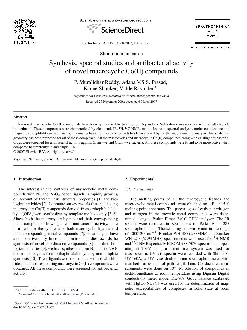 Synthesis, spectral studies and antibacterial activity of novel macrocyclic Co(II) compounds