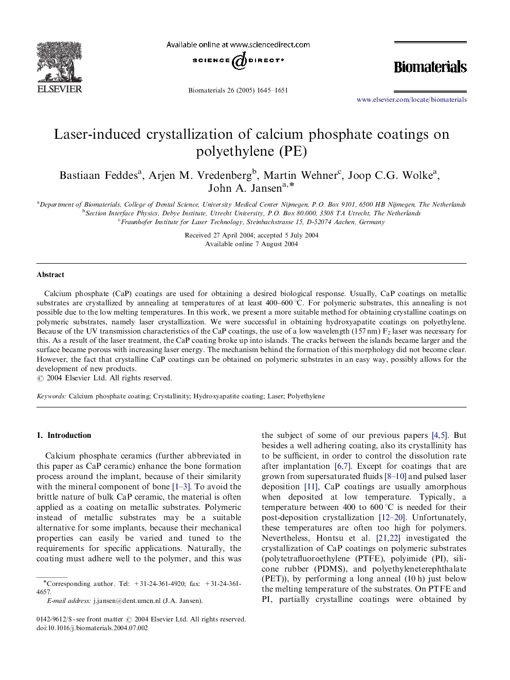 Laser-induced crystallization of calcium phosphate coatings on polyethylene (PE)