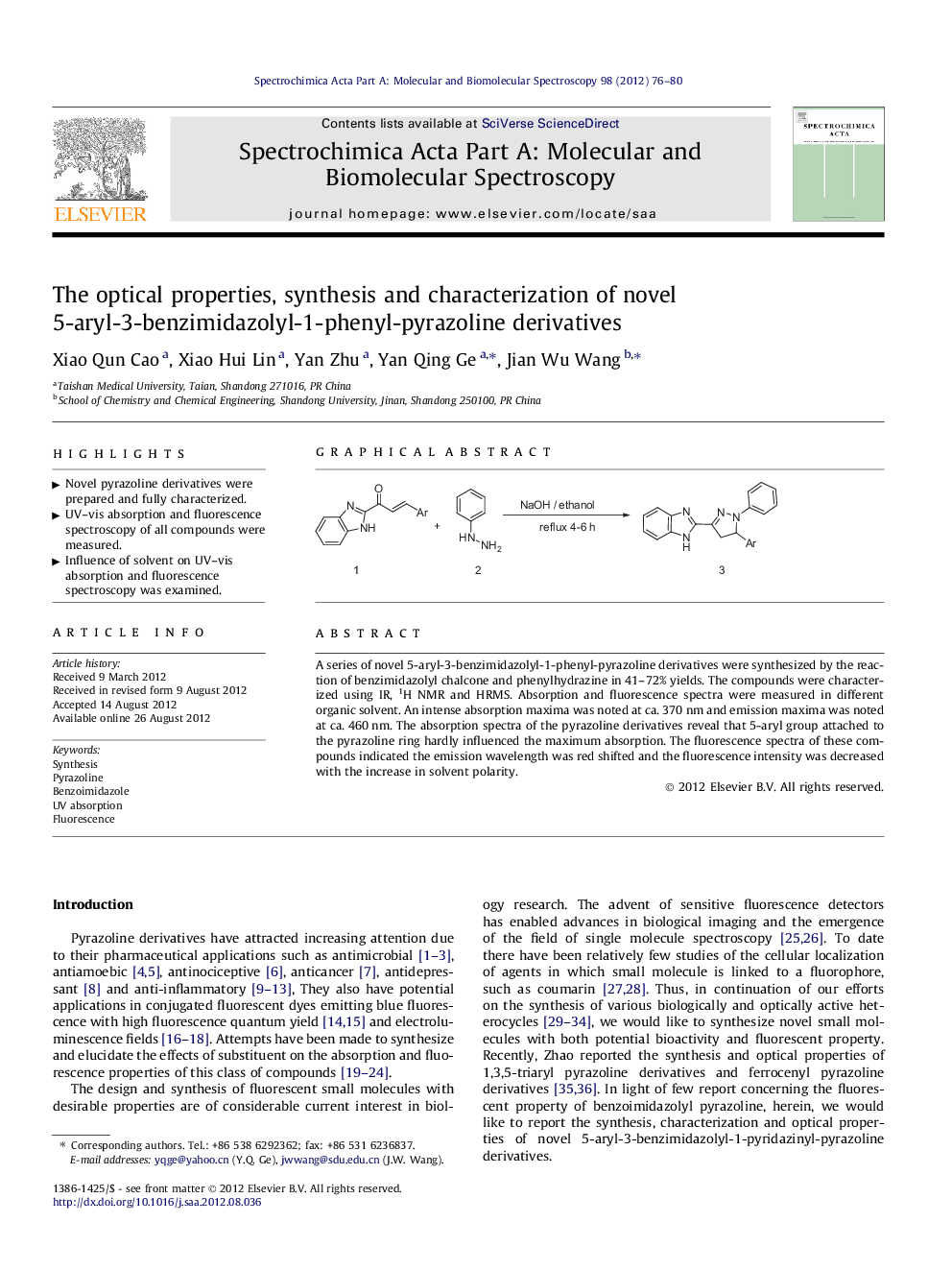 The optical properties, synthesis and characterization of novel 5-aryl-3-benzimidazolyl-1-phenyl-pyrazoline derivatives