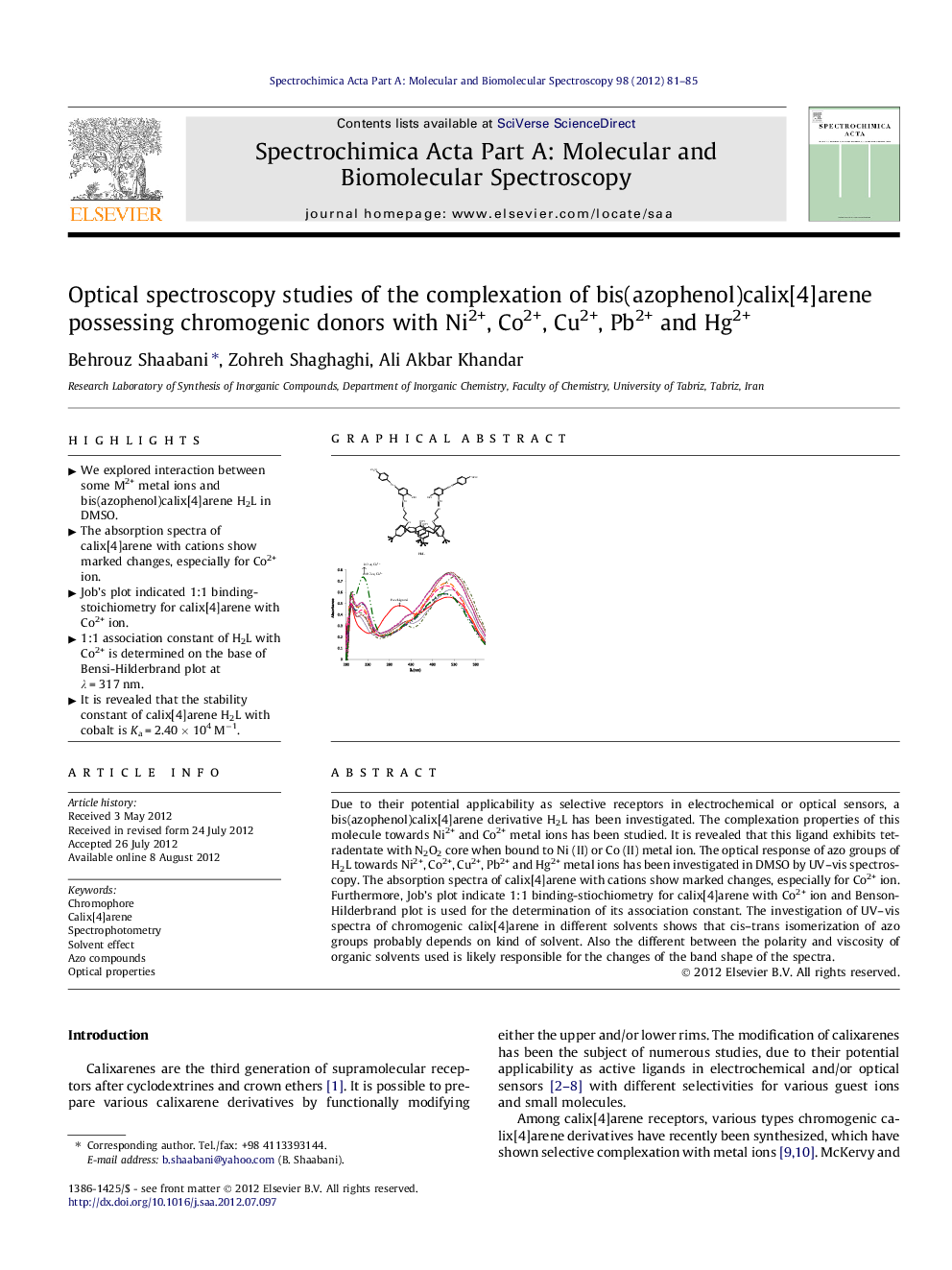 Optical spectroscopy studies of the complexation of bis(azophenol)calix[4]arene possessing chromogenic donors with Ni2+, Co2+, Cu2+, Pb2+ and Hg2+