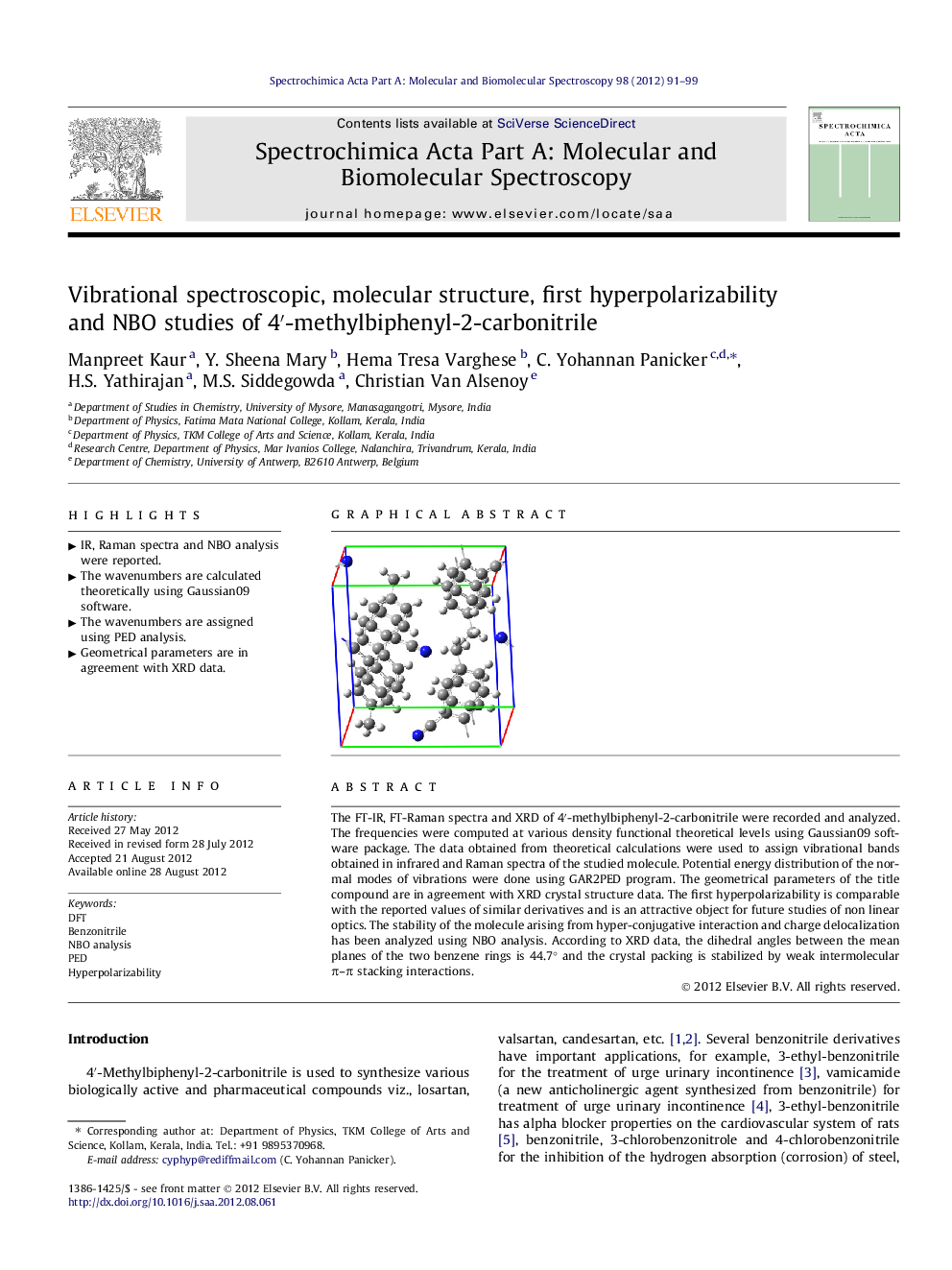 Vibrational spectroscopic, molecular structure, first hyperpolarizability and NBO studies of 4′-methylbiphenyl-2-carbonitrile