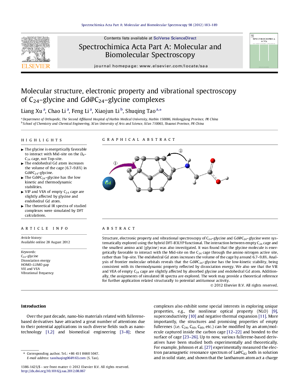 Molecular structure, electronic property and vibrational spectroscopy of C24–glycine and Gd@C24–glycine complexes