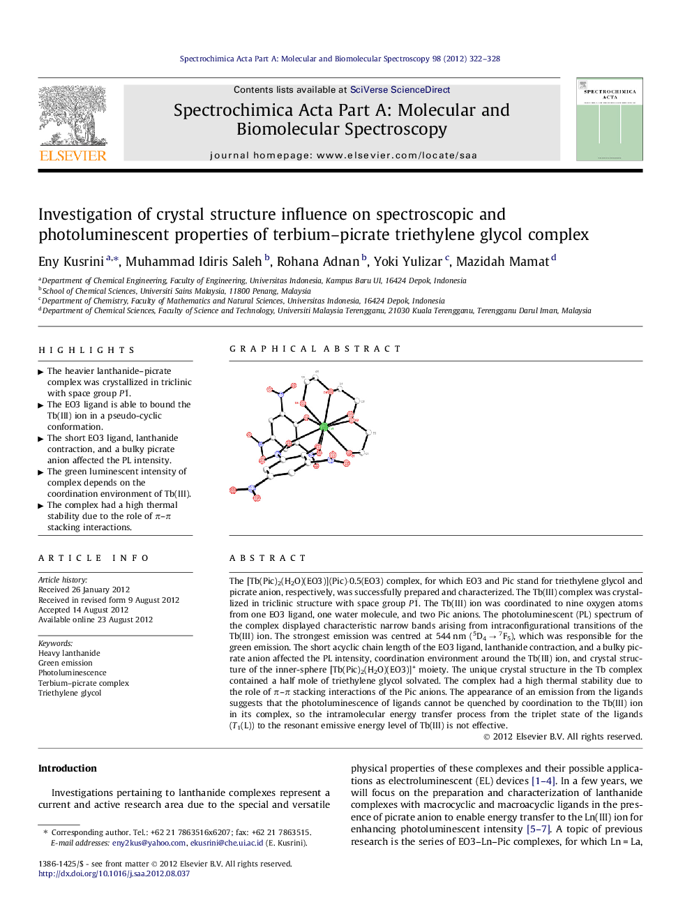 Investigation of crystal structure influence on spectroscopic and photoluminescent properties of terbium–picrate triethylene glycol complex