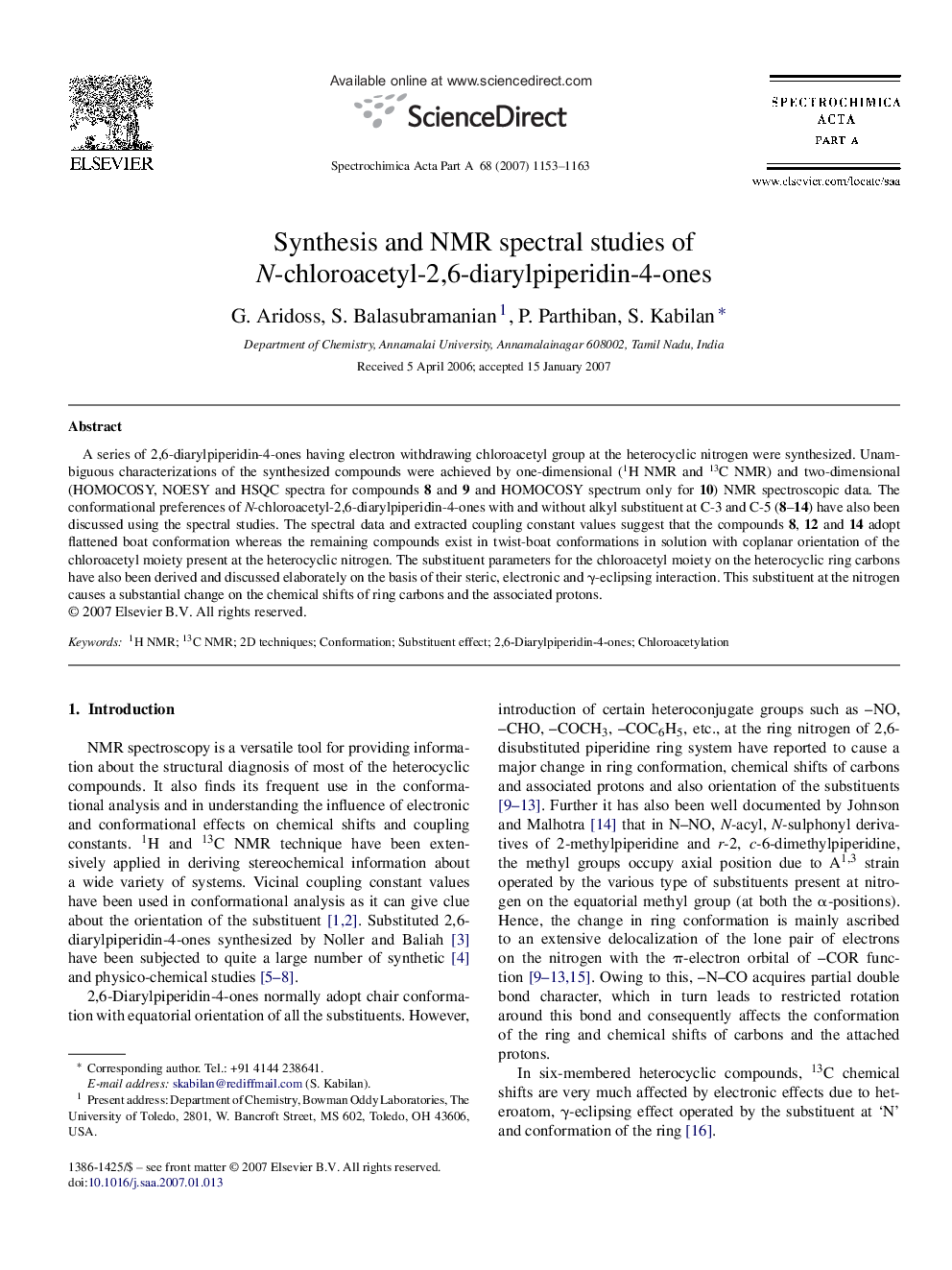 Synthesis and NMR spectral studies of N-chloroacetyl-2,6-diarylpiperidin-4-ones