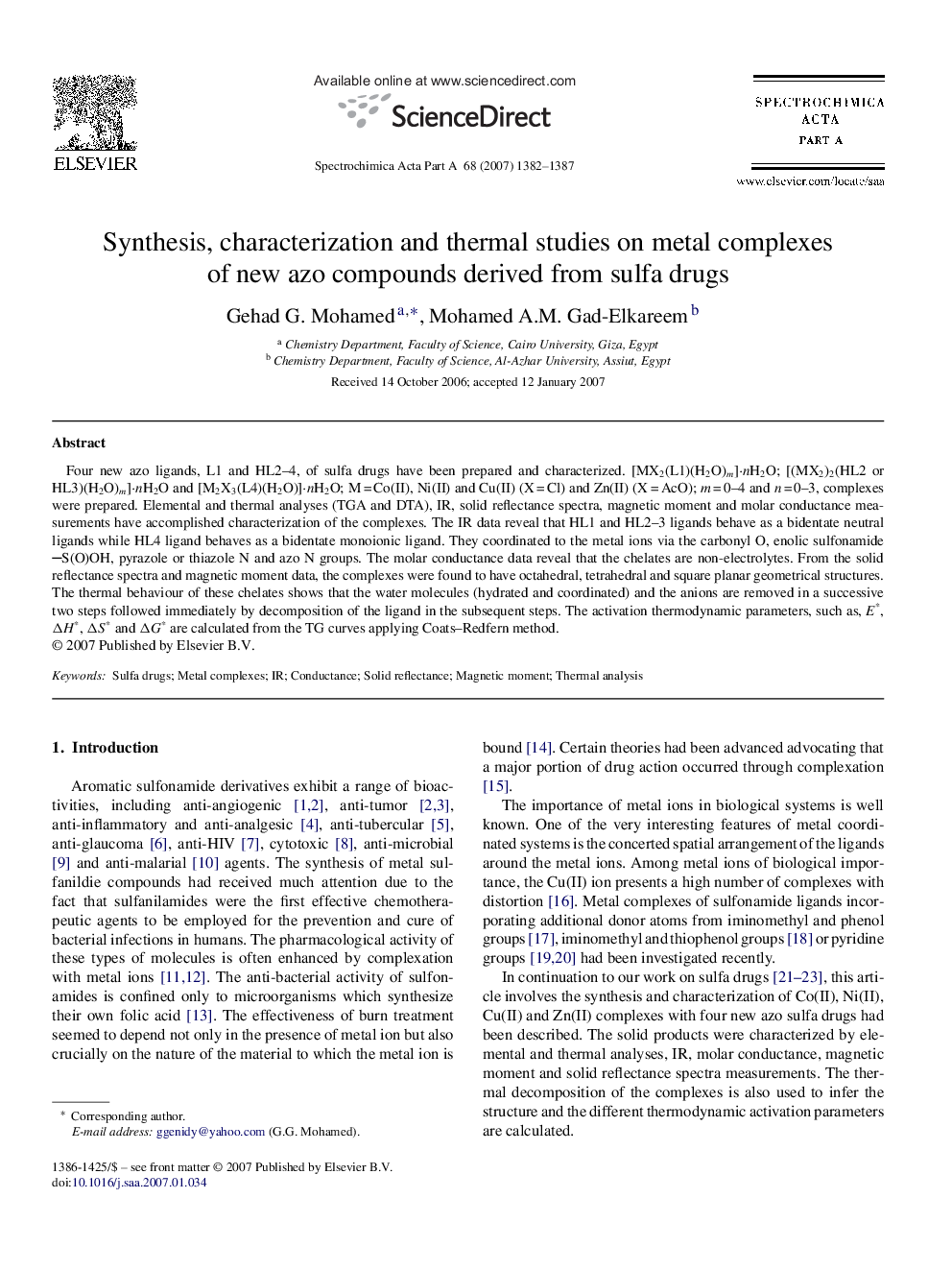 Synthesis, characterization and thermal studies on metal complexes of new azo compounds derived from sulfa drugs