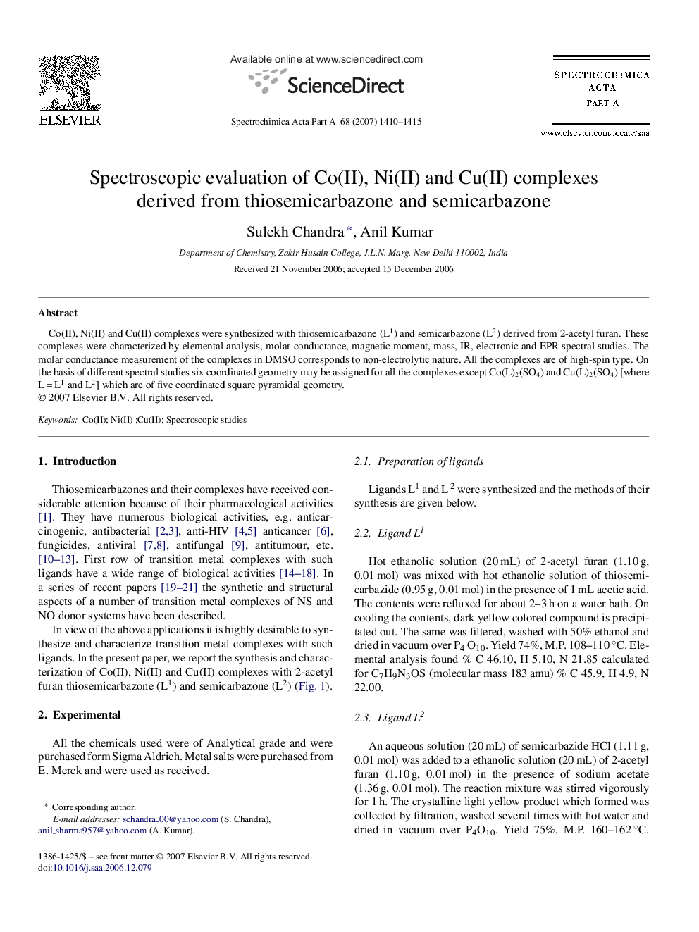 Spectroscopic evaluation of Co(II), Ni(II) and Cu(II) complexes derived from thiosemicarbazone and semicarbazone