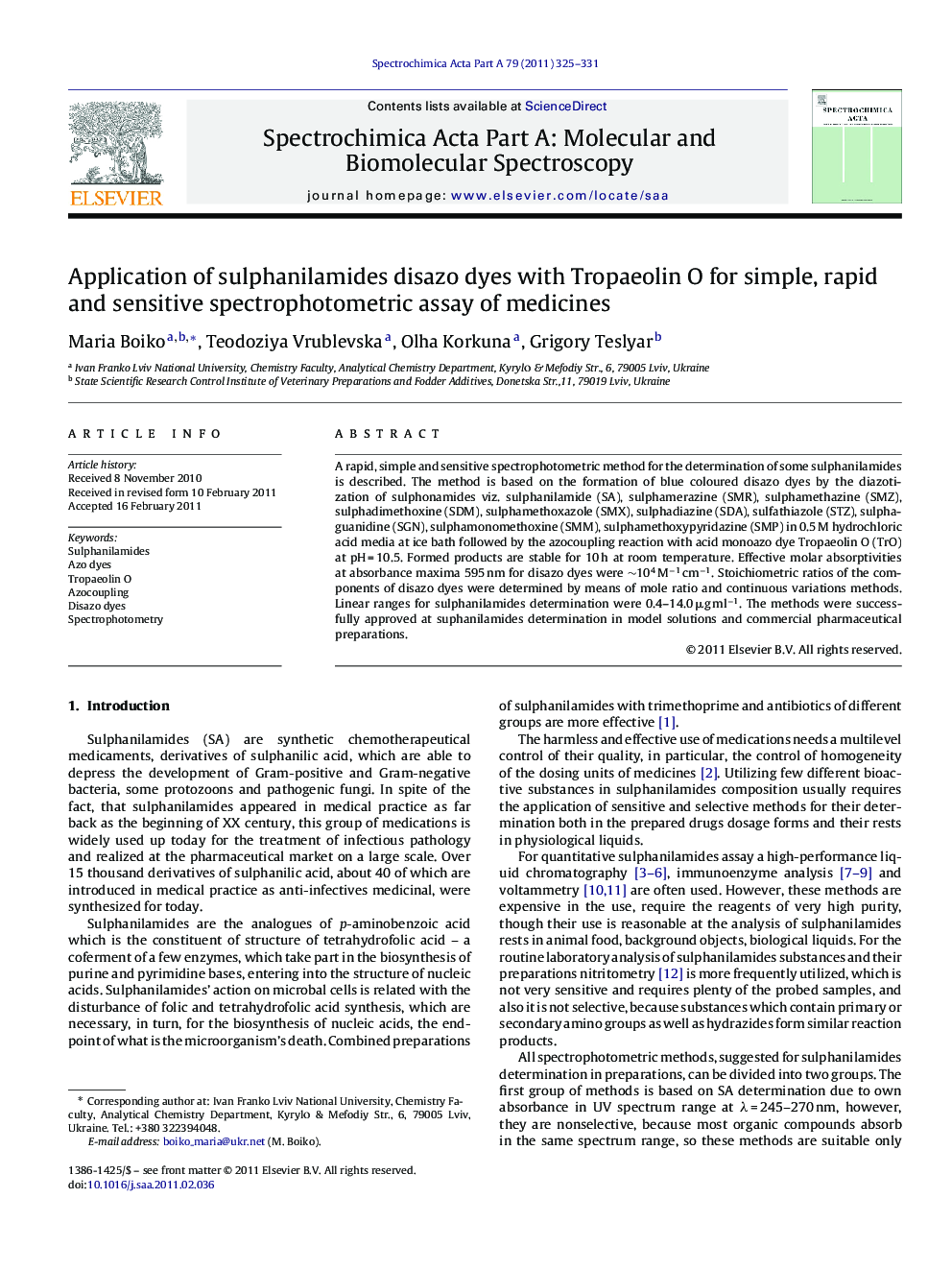 Application of sulphanilamides disazo dyes with Tropaeolin O for simple, rapid and sensitive spectrophotometric assay of medicines