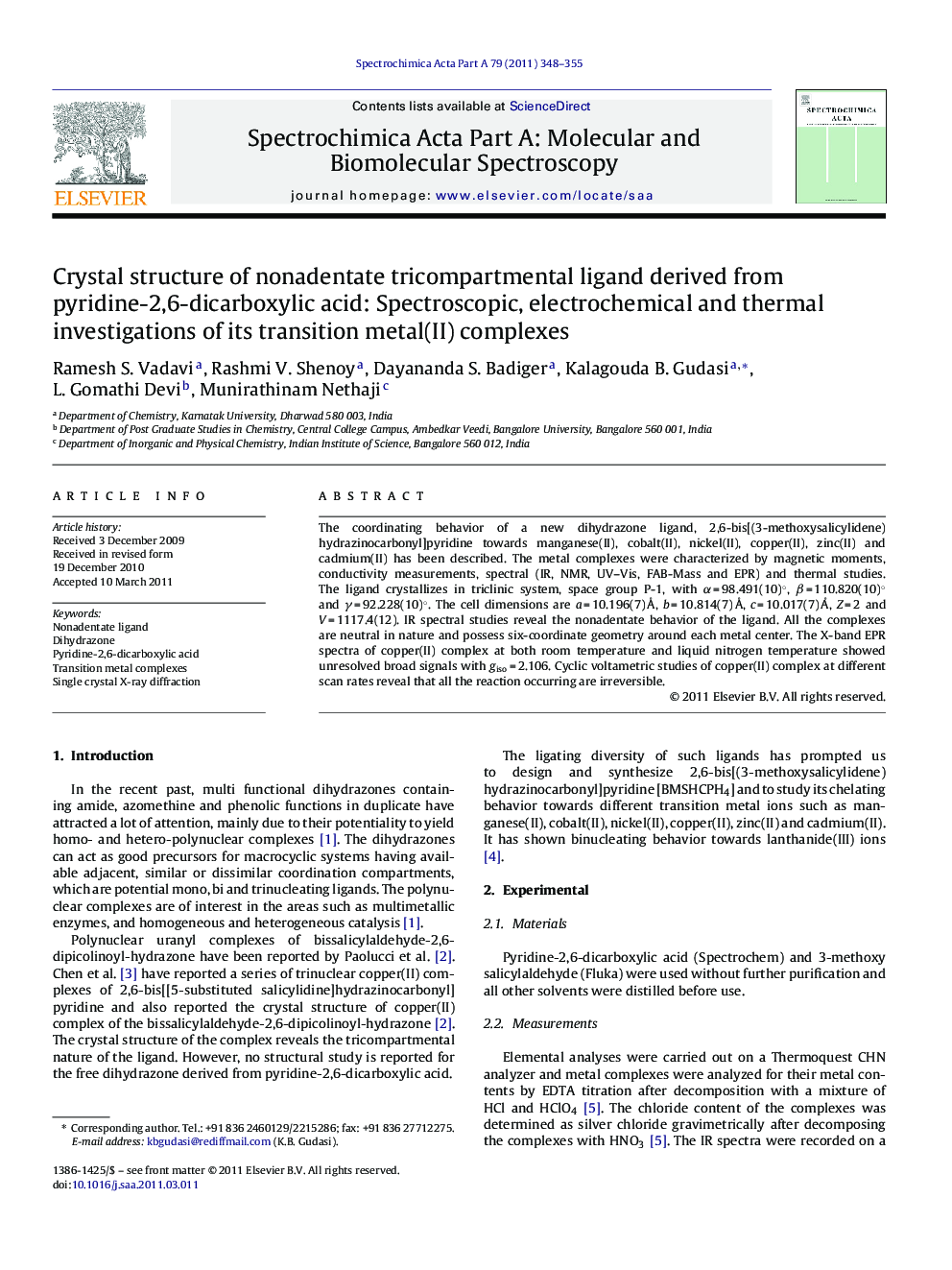 Crystal structure of nonadentate tricompartmental ligand derived from pyridine-2,6-dicarboxylic acid: Spectroscopic, electrochemical and thermal investigations of its transition metal(II) complexes