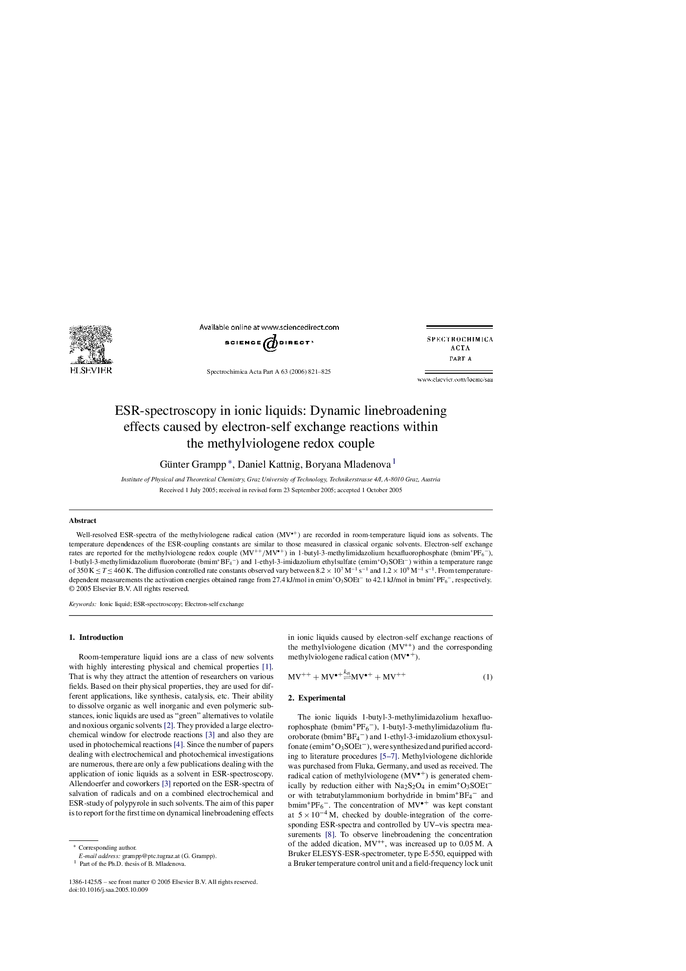 عکس صفحه اول مقاله: ESR-spectroscopy in ionic liquids: Dynamic linebroadening effects caused by electron-self exchange reactions within the methylviologene redox couple ESR-spectroscopy in ionic liquids: Dynamic linebroadening effects caused by electron-self exchange reactions within the methylviologene redox couple