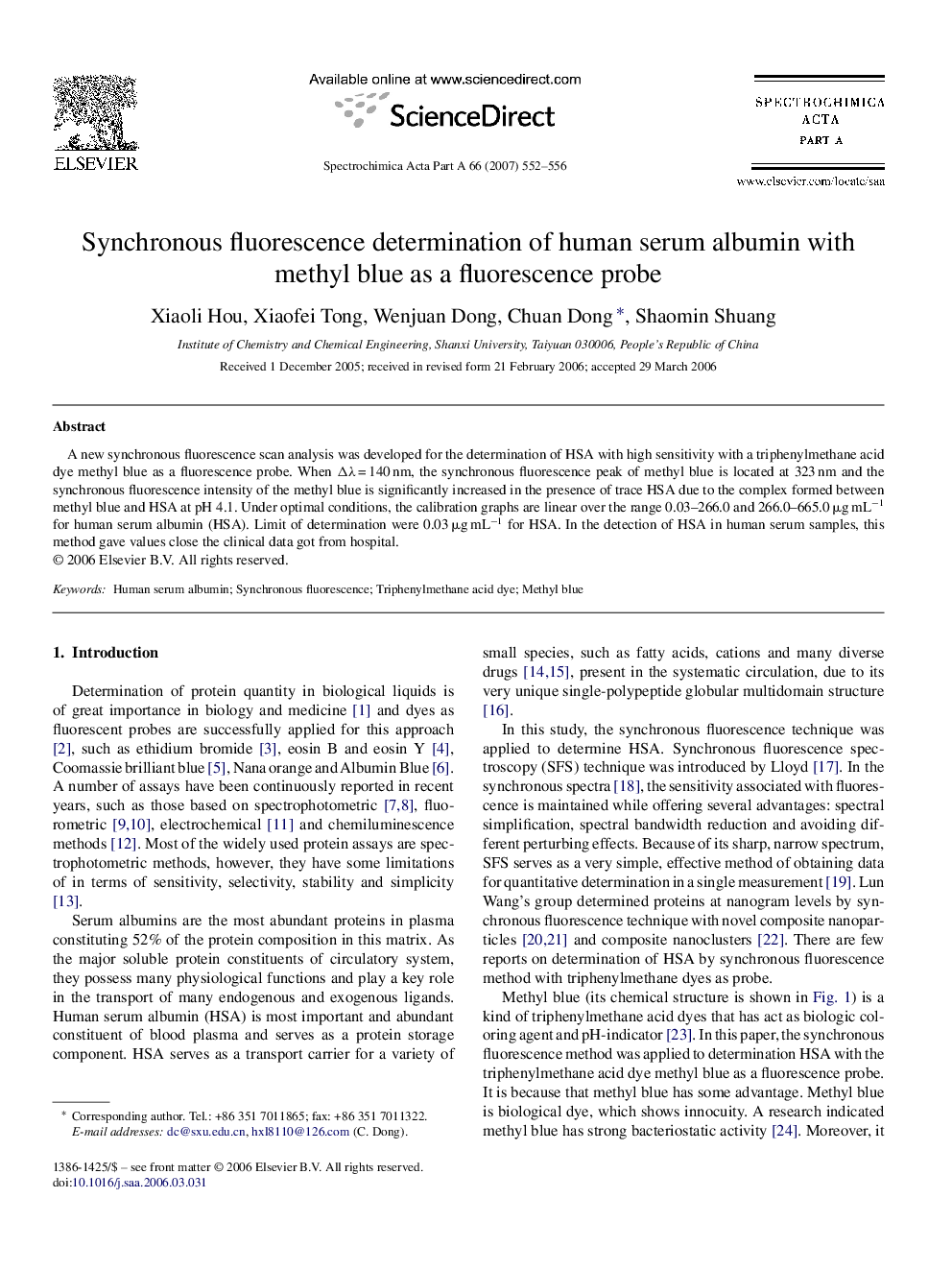 Synchronous fluorescence determination of human serum albumin with methyl blue as a fluorescence probe