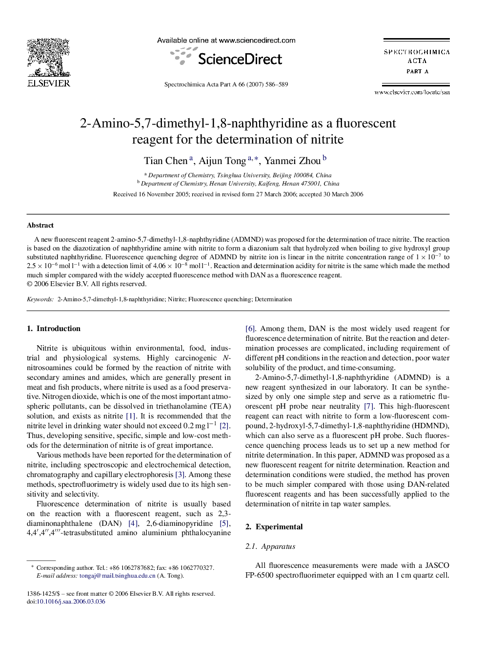 2-Amino-5,7-dimethyl-1,8-naphthyridine as a fluorescent reagent for the determination of nitrite