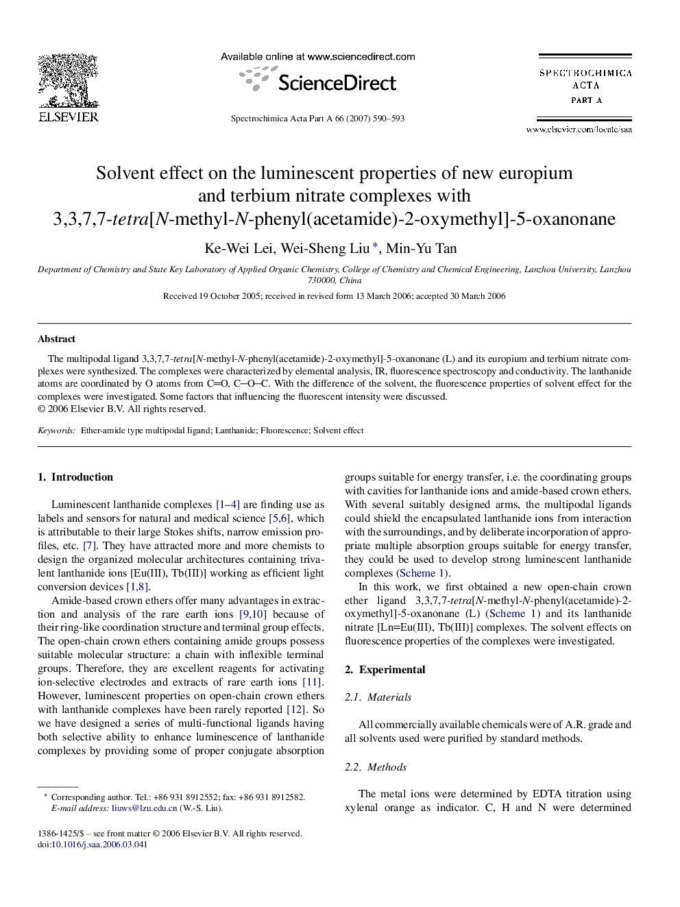 Solvent effect on the luminescent properties of new europium and terbium nitrate complexes with 3,3,7,7-tetra[N-methyl-N-phenyl(acetamide)-2-oxymethyl]-5-oxanonane