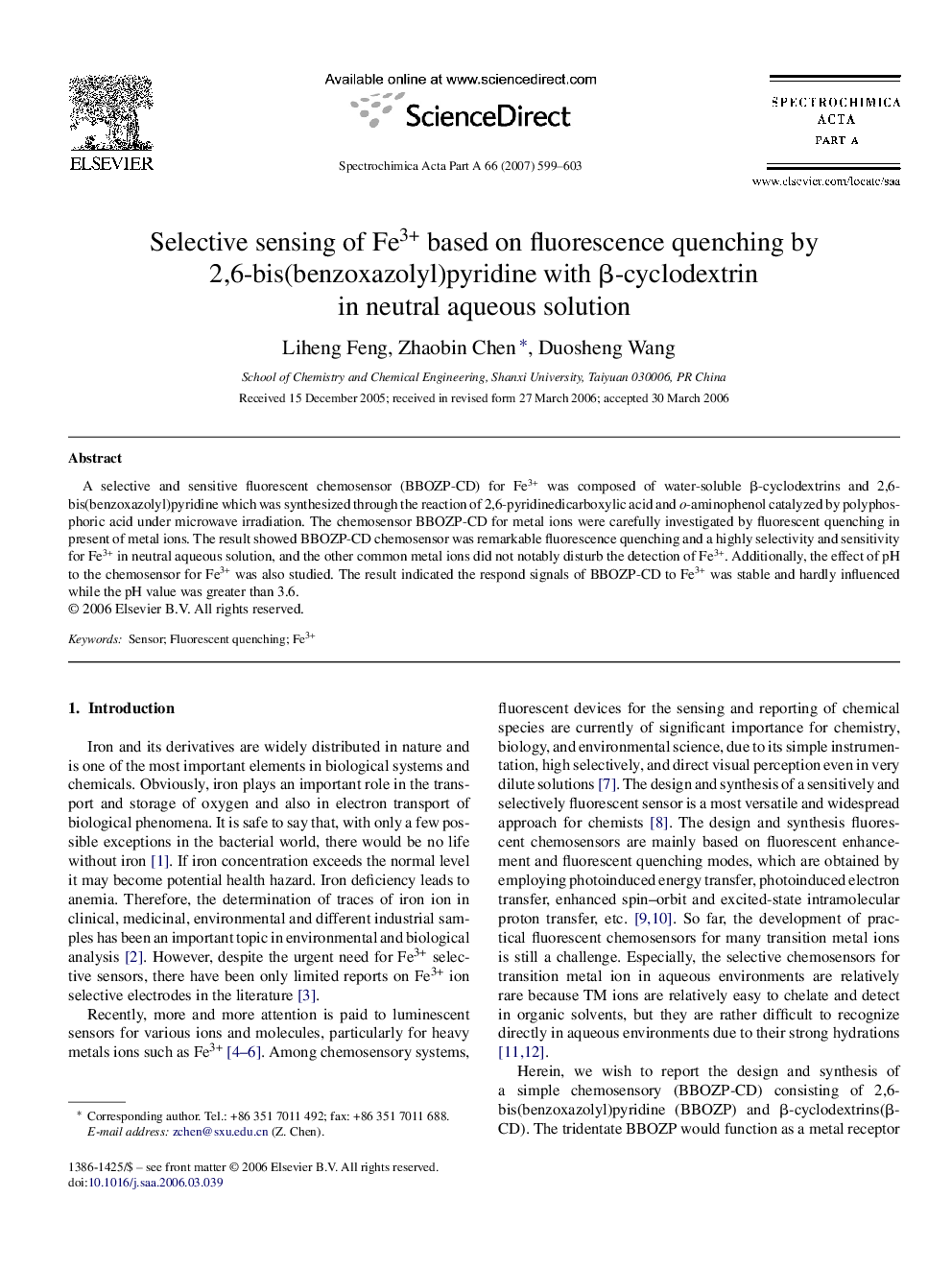 Selective sensing of Fe3+ based on fluorescence quenching by 2,6-bis(benzoxazolyl)pyridine with β-cyclodextrin in neutral aqueous solution