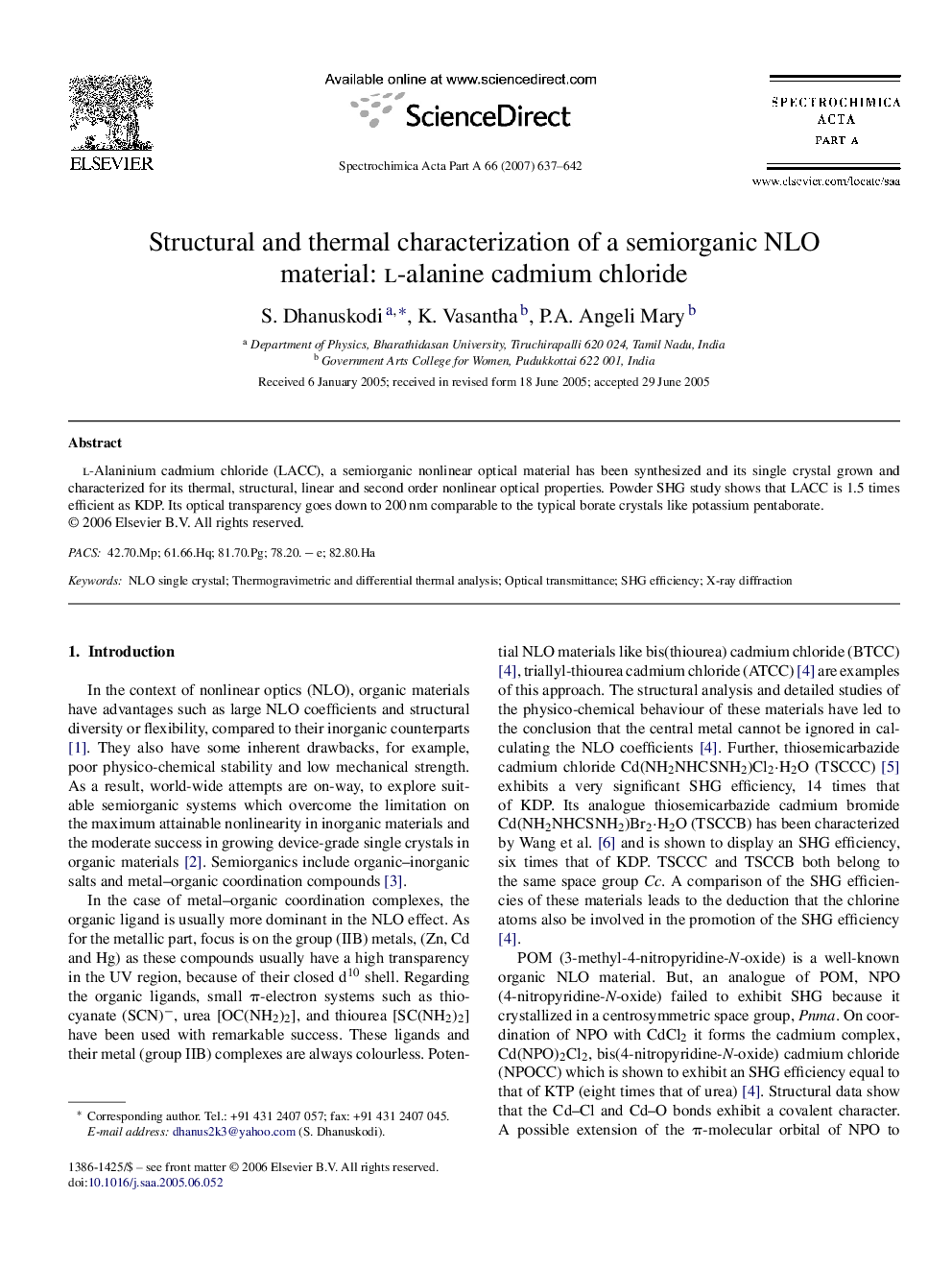 Structural and thermal characterization of a semiorganic NLO material: l-alanine cadmium chloride