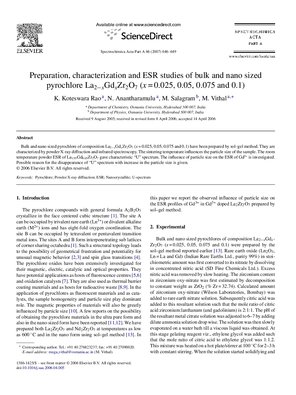 Preparation, characterization and ESR studies of bulk and nano sized pyrochlore La2−xGdxZr2O7 (x = 0.025, 0.05, 0.075 and 0.1)