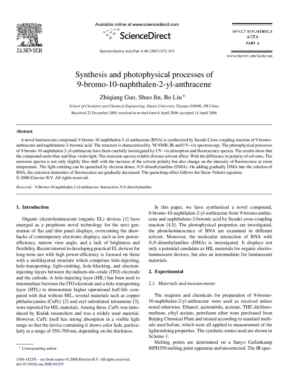 Synthesis and photophysical processes of 9-bromo-10-naphthalen-2-yl-anthracene