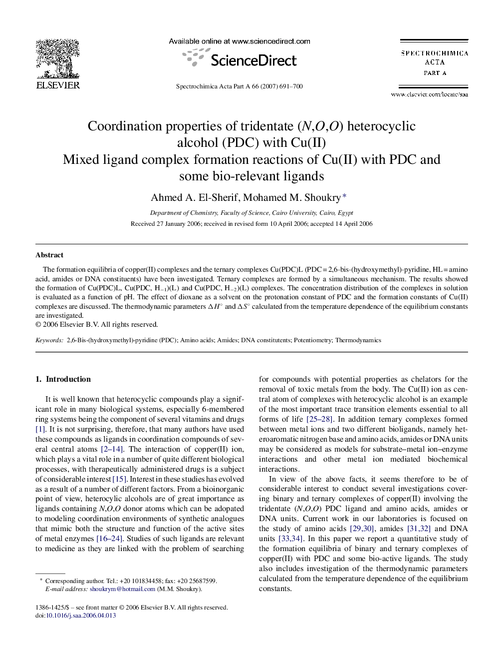 Coordination properties of tridentate (N,O,O) heterocyclic alcohol (PDC) with Cu(II): Mixed ligand complex formation reactions of Cu(II) with PDC and some bio-relevant ligands