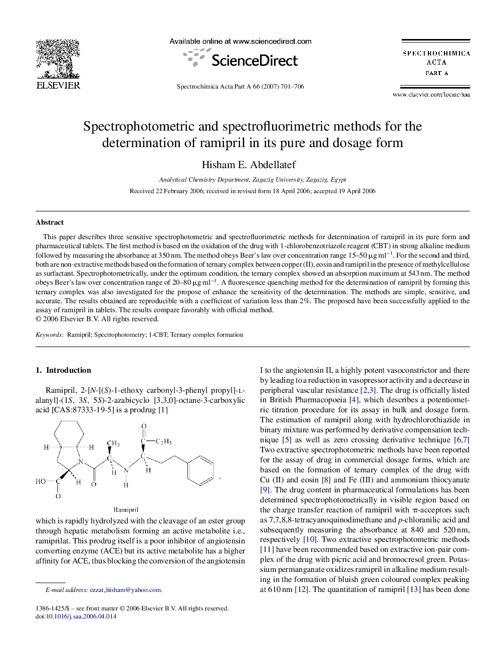 Spectrophotometric and spectrofluorimetric methods for the determination of ramipril in its pure and dosage form