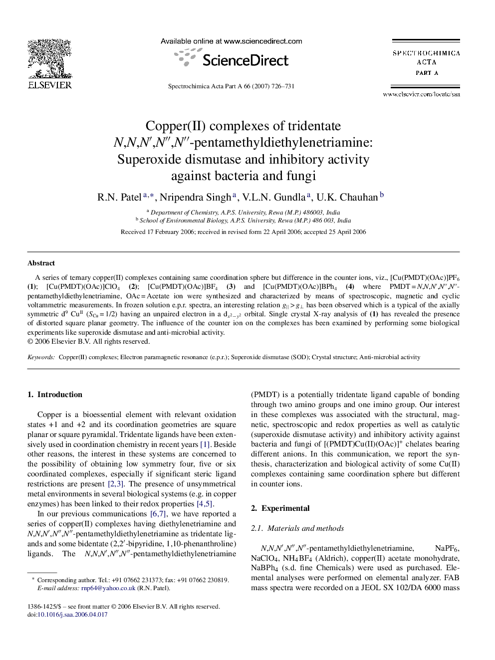 Copper(II) complexes of tridentate N,N,N′,N″,N″-pentamethyldiethylenetriamine: Superoxide dismutase and inhibitory activity against bacteria and fungi