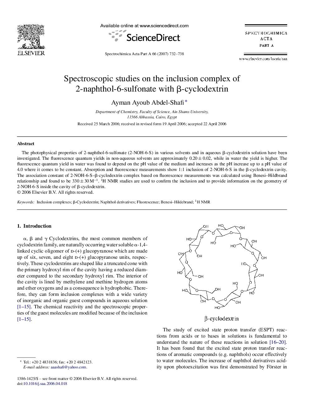 Spectroscopic studies on the inclusion complex of 2-naphthol-6-sulfonate with β-cyclodextrin