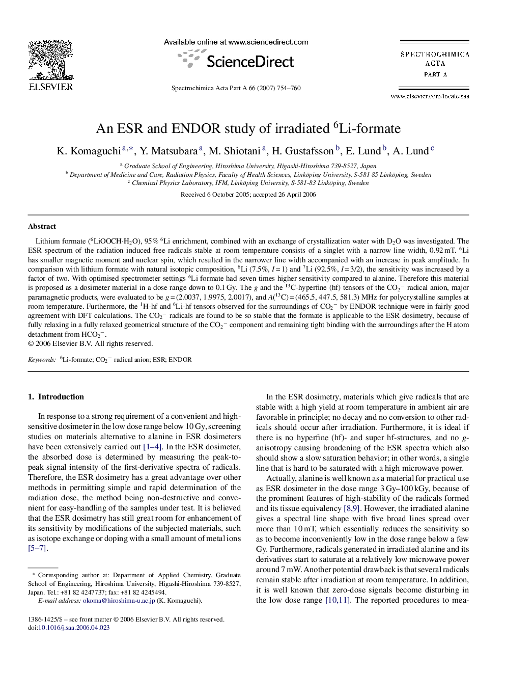 An ESR and ENDOR study of irradiated 6Li-formate