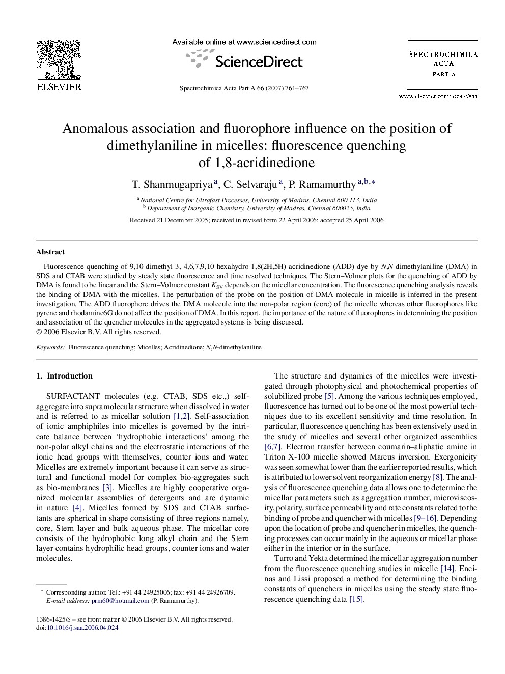 Anomalous association and fluorophore influence on the position of dimethylaniline in micelles: fluorescence quenching of 1,8-acridinedione