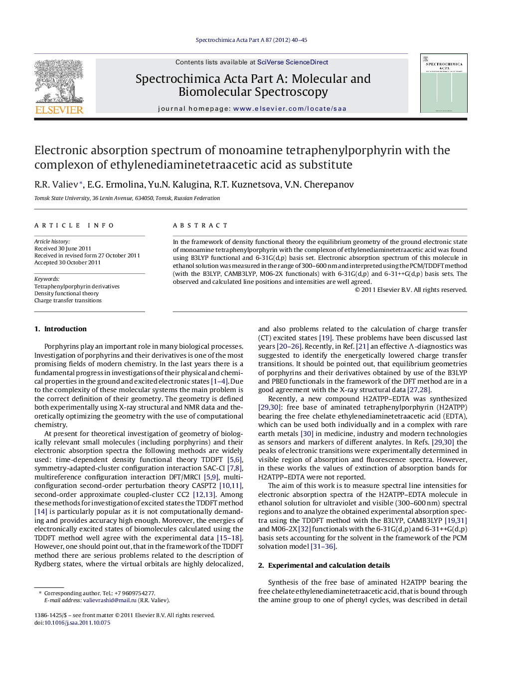 Electronic absorption spectrum of monoamine tetraphenylporphyrin with the complexon of ethylenediaminetetraacetic acid as substitute