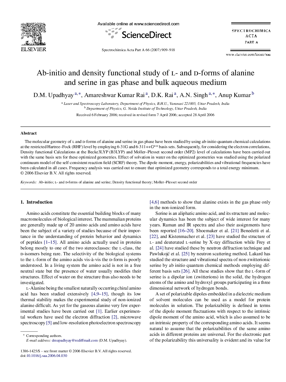 Ab-initio and density functional study of l- and d-forms of alanine and serine in gas phase and bulk aqueous medium