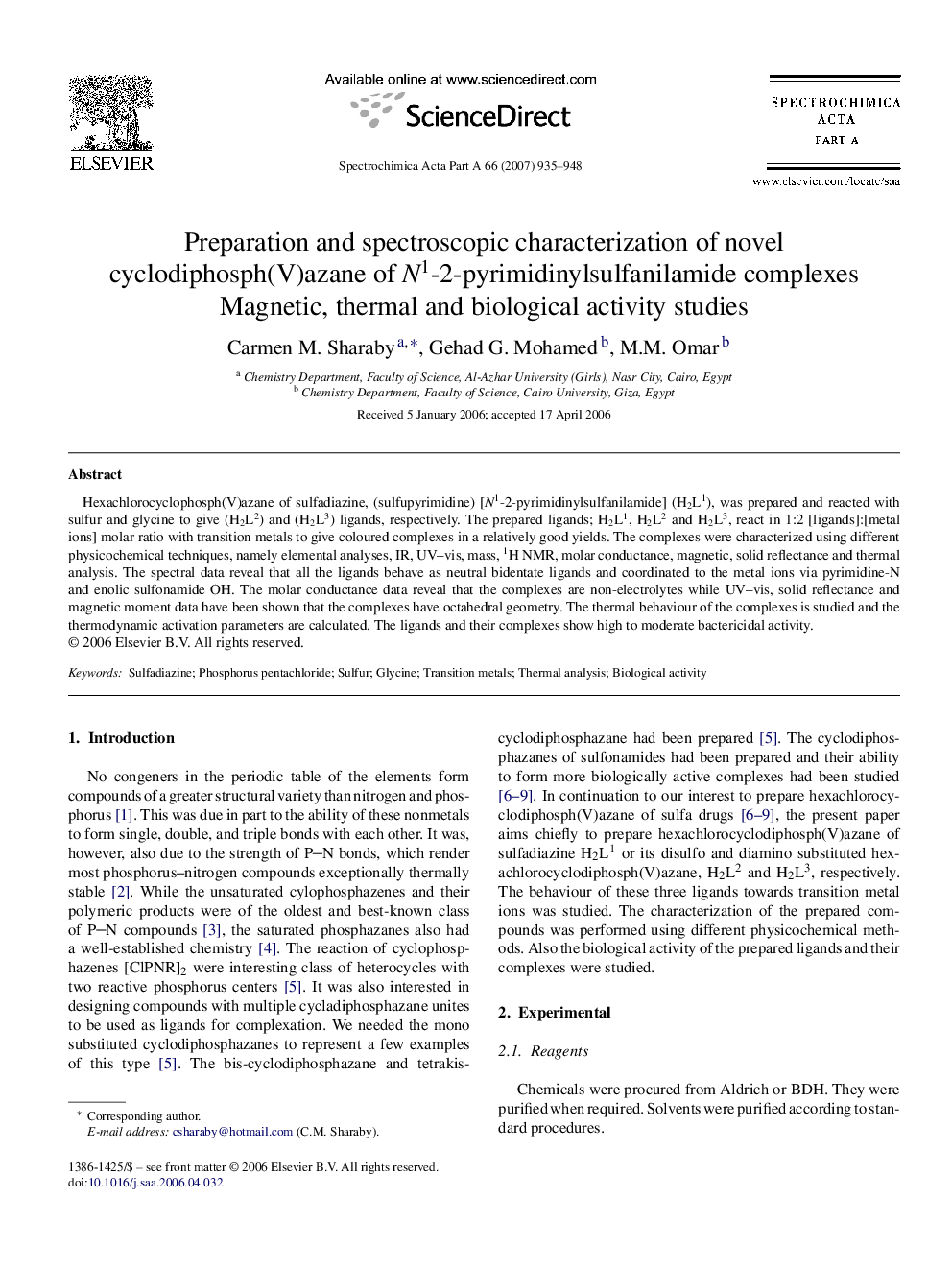 Preparation and spectroscopic characterization of novel cyclodiphosph(V)azane of N1-2-pyrimidinylsulfanilamide complexes