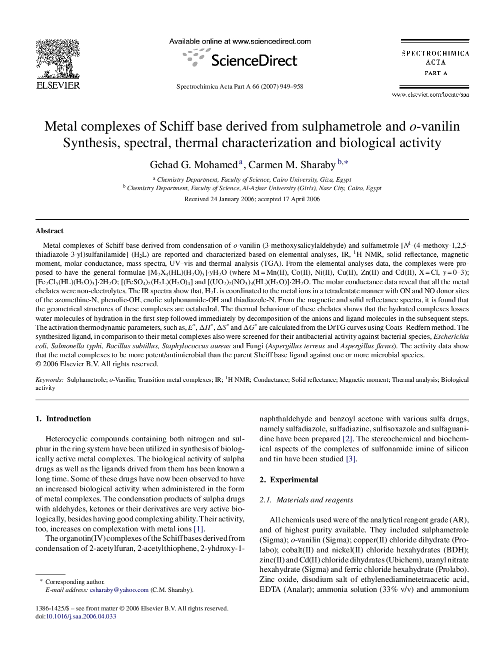 Metal complexes of Schiff base derived from sulphametrole and o-vanilin: Synthesis, spectral, thermal characterization and biological activity