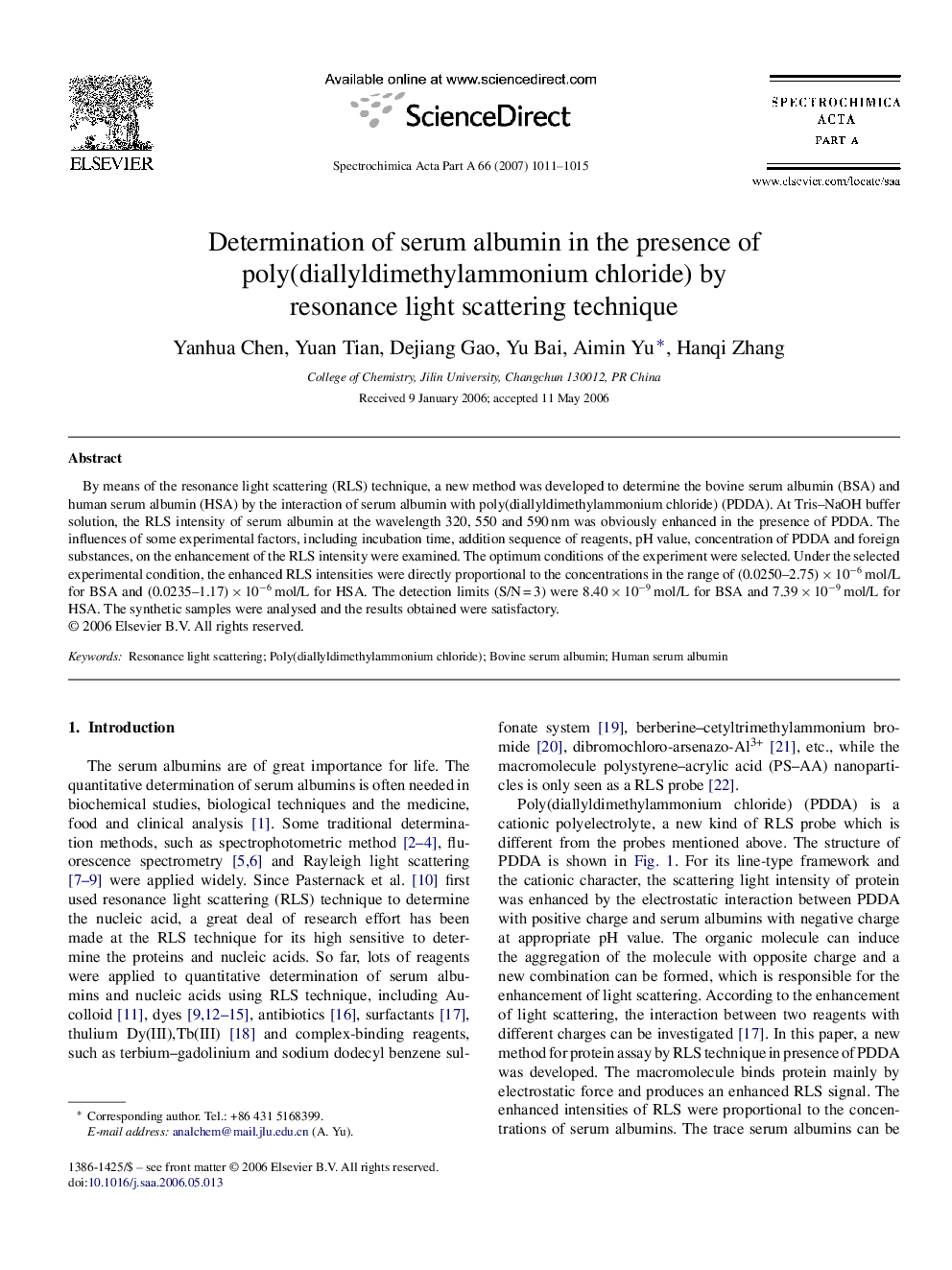 Determination of serum albumin in the presence of poly(diallyldimethylammonium chloride) by resonance light scattering technique