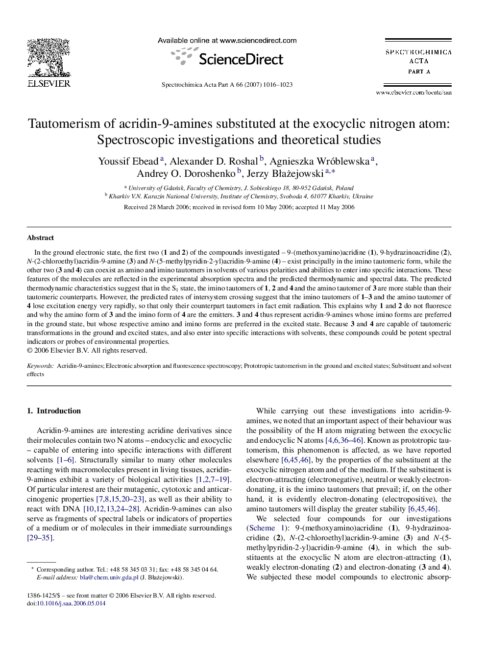 Tautomerism of acridin-9-amines substituted at the exocyclic nitrogen atom: Spectroscopic investigations and theoretical studies